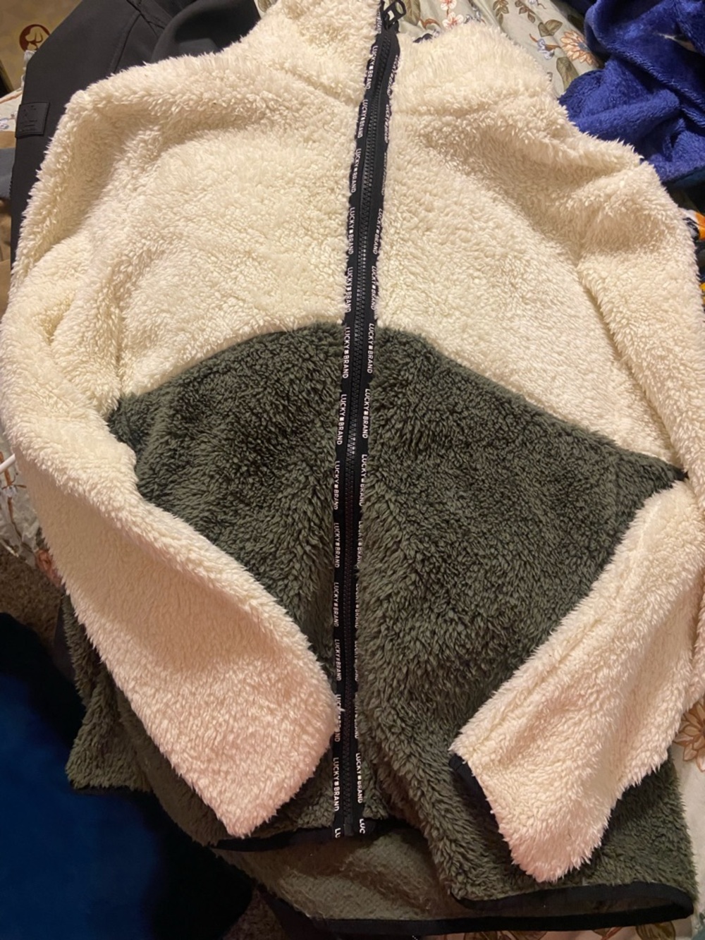 Lucky Brand Cream Sherpa Zip-Up Jacket with Black Trim